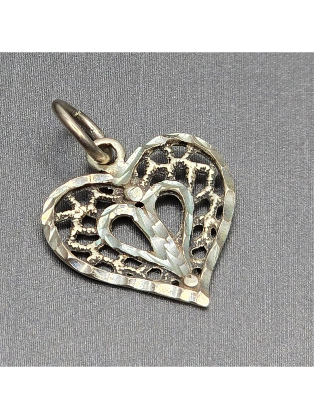Vintage Sterling Silver Filigree Heart Pendant .75" Diamond Cut Signed